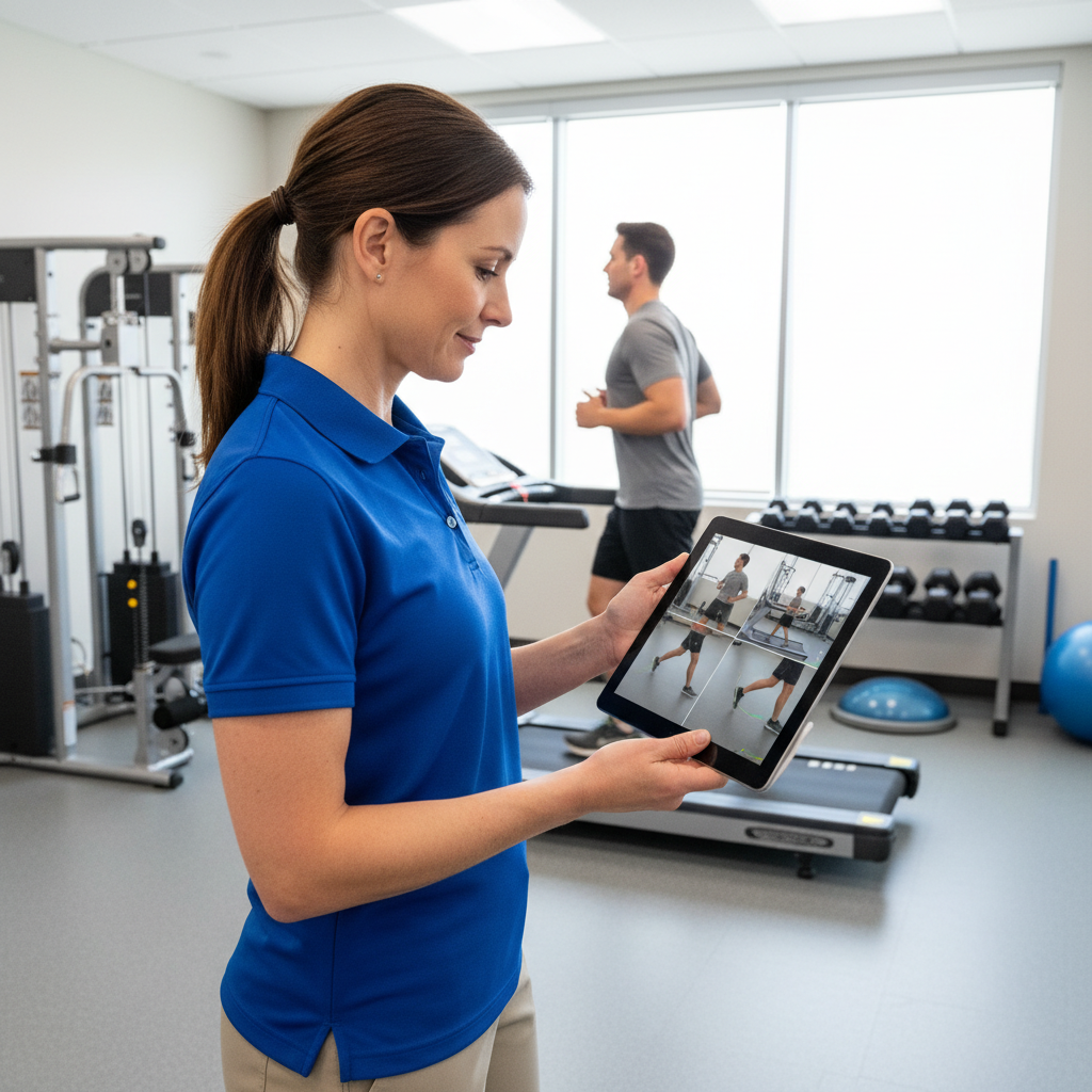  Physical therapist performing video gait analysis for Orlando runner during comprehensive movement assessment at physical therapy clinic