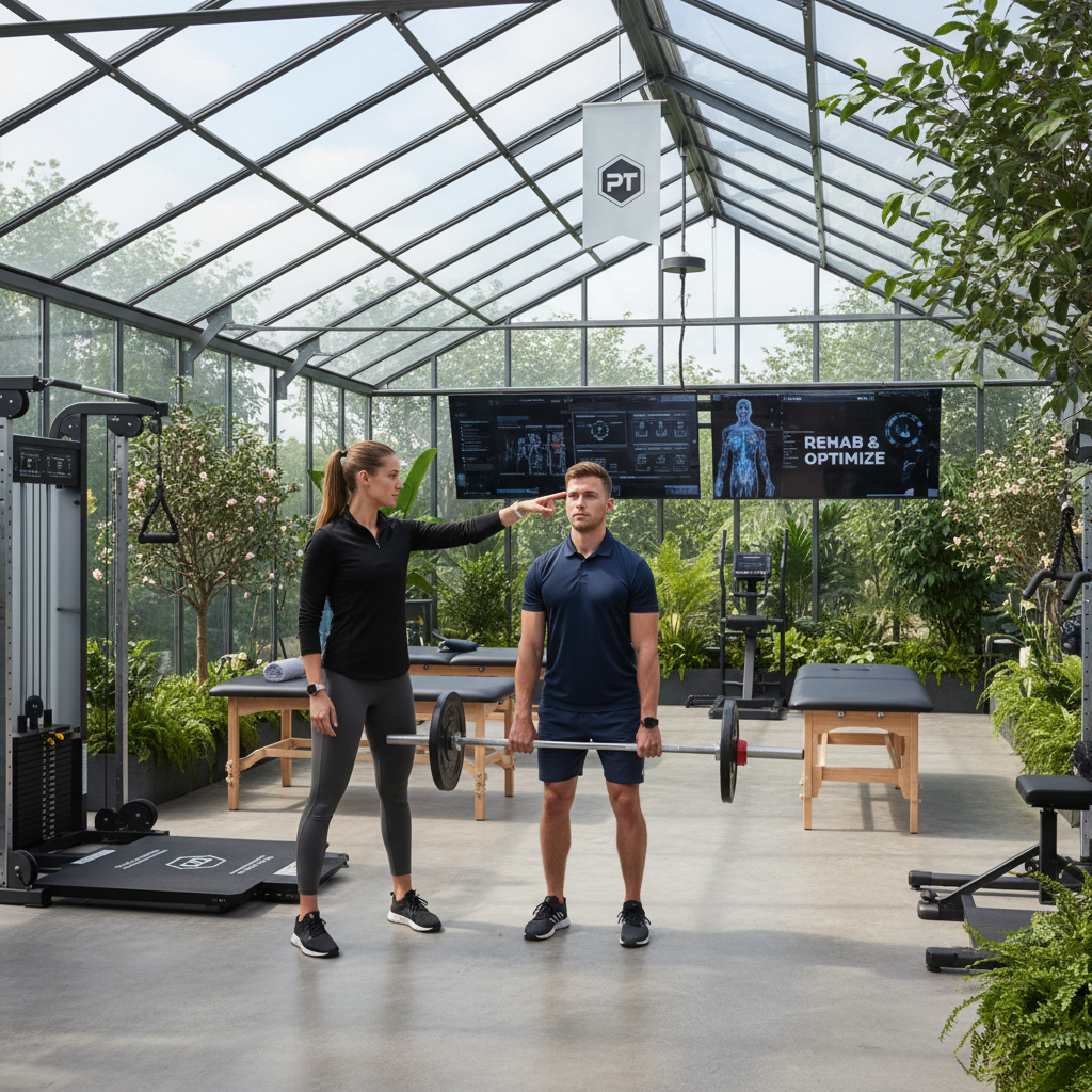 Physical therapist demonstrating proper deadlift form to athlete in Winter Garden clinic