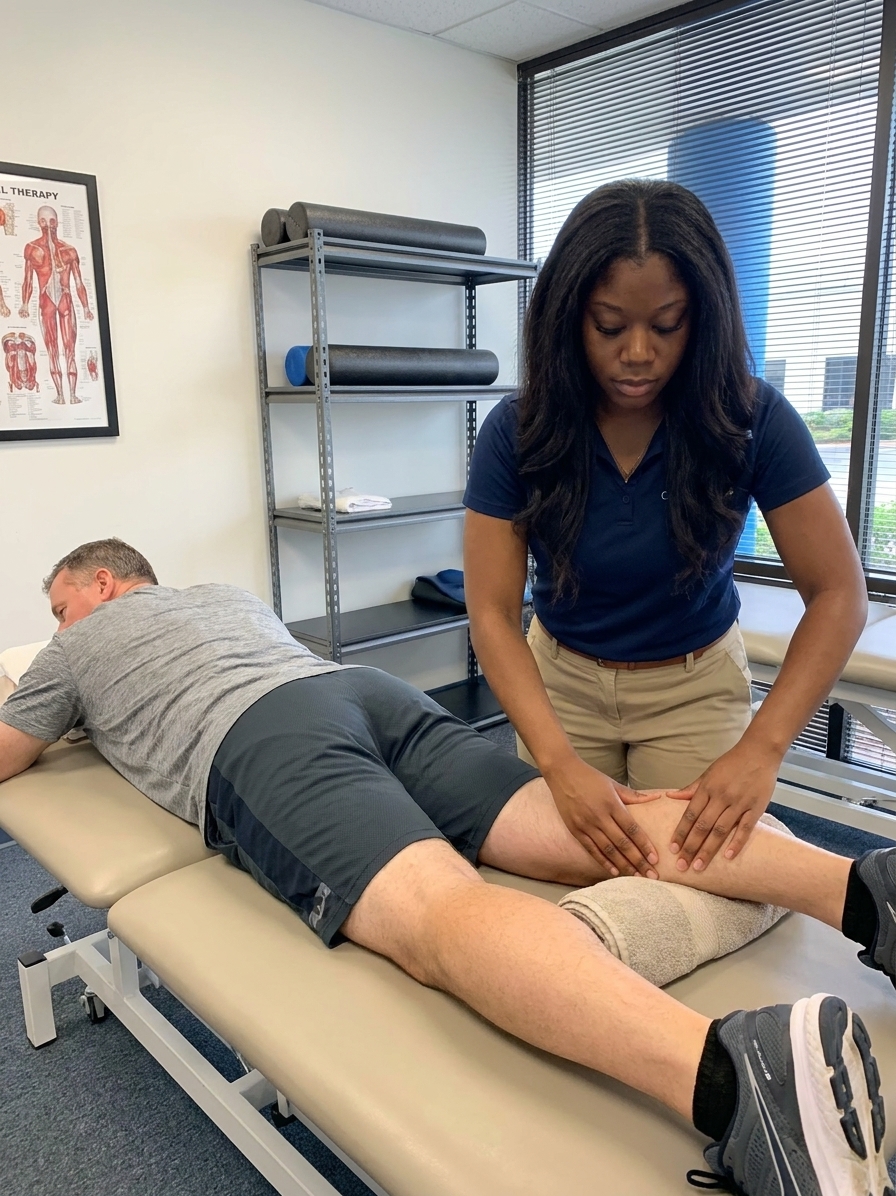 Physical therapist performing manual therapy on a patient's lower leg at a sports physical therapy clinic in Orlando, FL