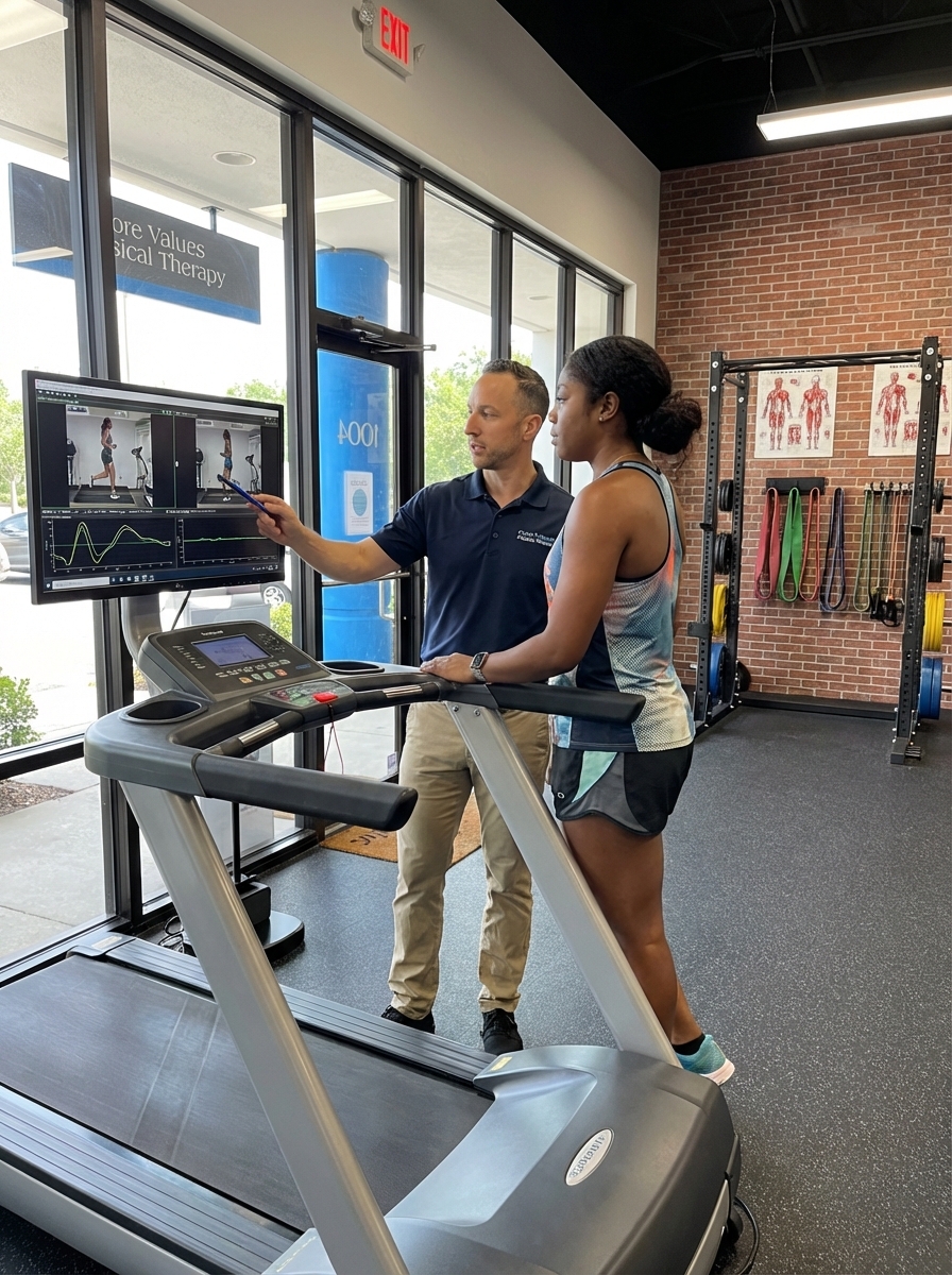 Patient working with a provider at a running performance physical therapy clinic in Orlando