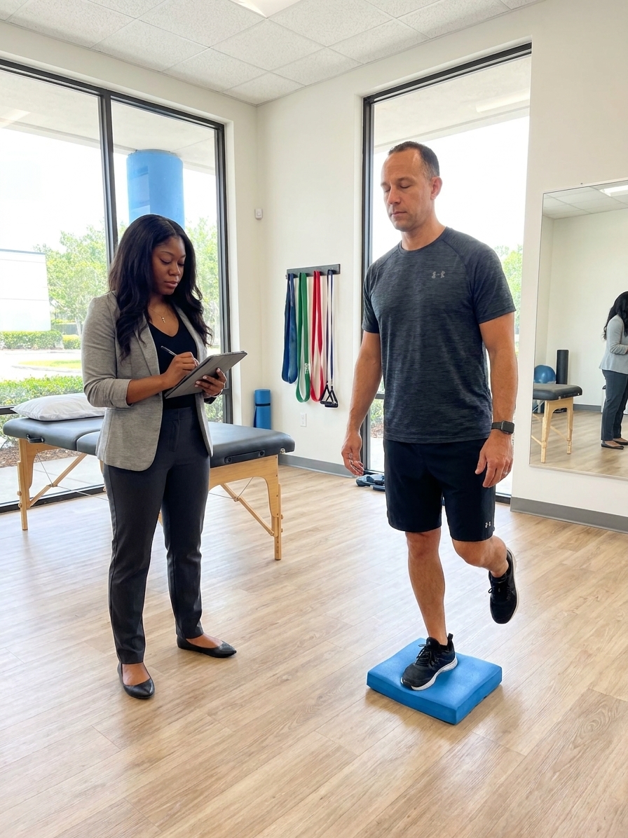 Patient working with a provider at a sports physical therapy clinic in Orlando, FL during a functional movement assessment