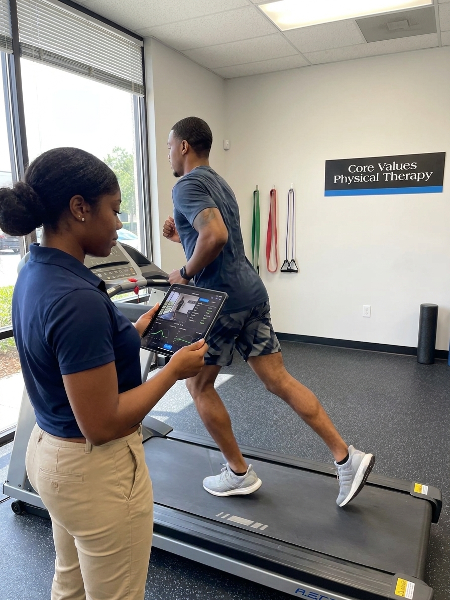 Patient working with a provider at a running physical therapy clinic in Orlando, FL during a video gait analysis session