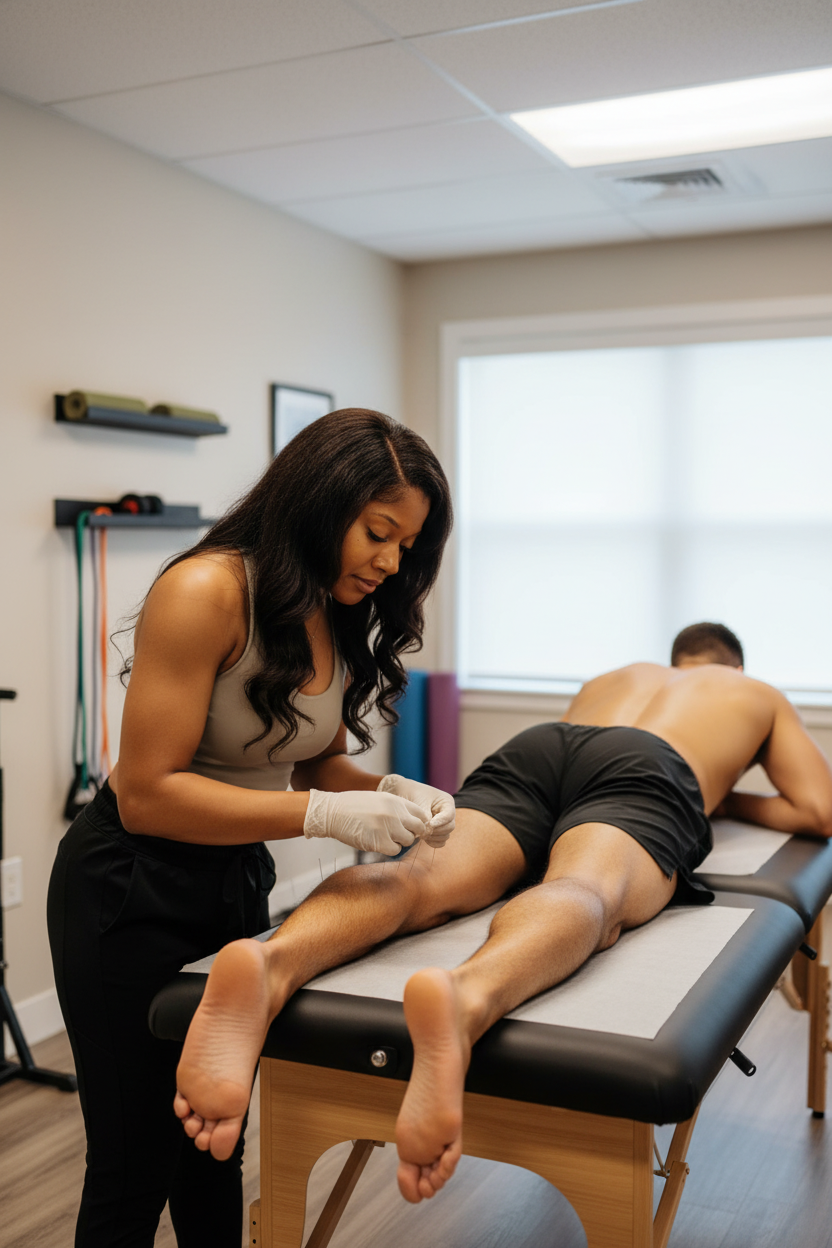  Physical therapist performing dry needling treatment for athletic performance recovery in Winter Garden clinical setting