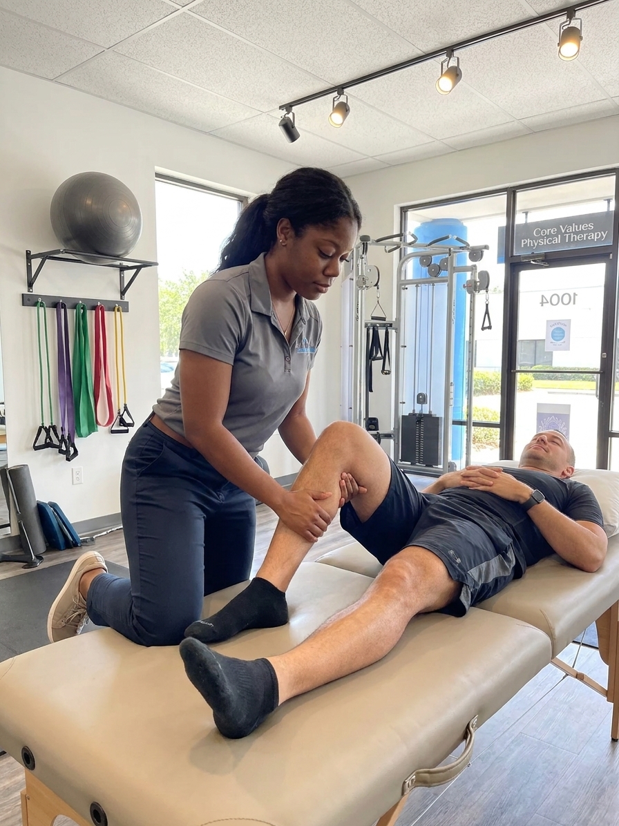 Physical therapist conducting a running gait analysis with a patient at a performance physical therapy clinic in Winter Garden, FL