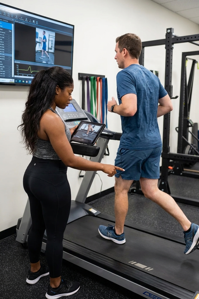 Patient working with a provider at a running physical therapy clinic in Winter Garden, FL during a running gait analysis session