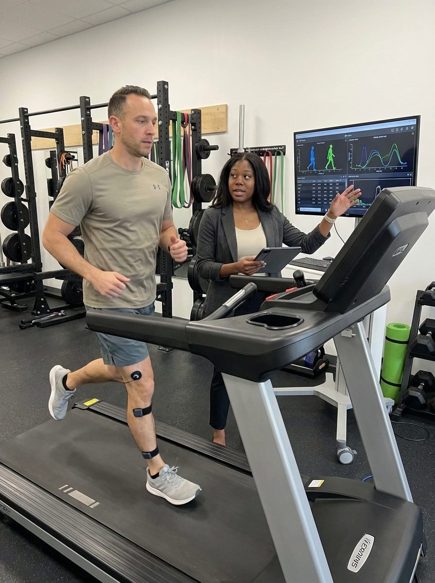 Patient working with a physical therapist during running gait analysis at a performance physical therapy clinic in Winter Garden, FL