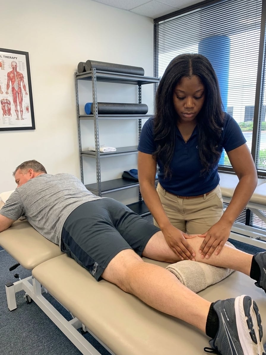 Physical therapist performing manual therapy on a patient's lower leg at a sports physical therapy clinic in Orlando, FL